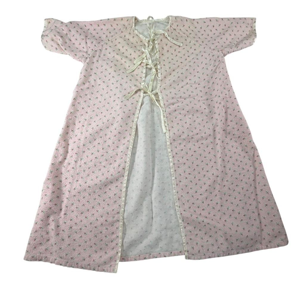 Vintage Pink Unbranded Rosebud Floral Layette Robe Nightgown Satin Ribbon Ties